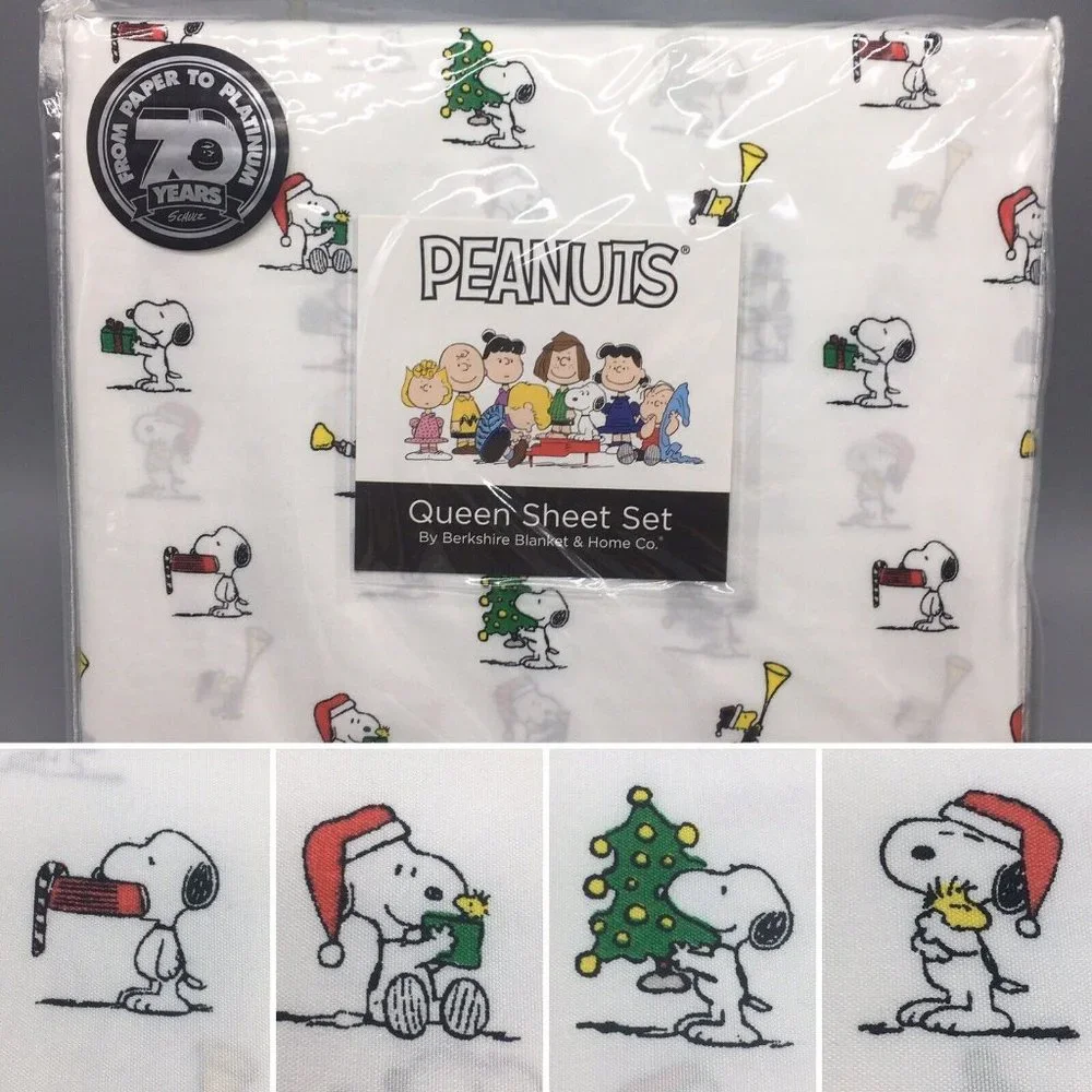 4pc Berkshire Peanuts Christmas QUEEN Sheet Set Santa Snoopy Tree Woodstock NEW